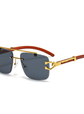 欧美新款无框太阳眼镜女sunglasses双梁方形木纹豹子头墨镜男