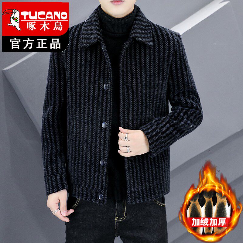 啄木鸟秋冬高端翻领加绒夹克男士外套中年毛呢外套男短款呢子大衣