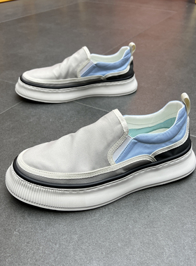2025年白色低帮帆布男鞋拼色懒人一脚蹬乐福鞋潮流青年休闲鞋板鞋