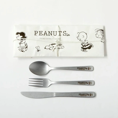 日本代购史努比Peanuts Cafe复古做旧不锈钢餐具3件套不退不换