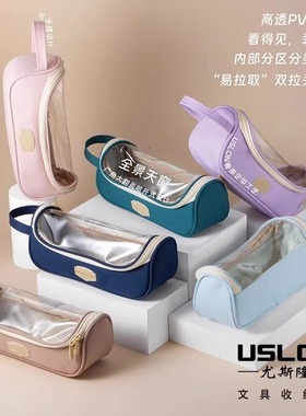 USLON尤斯隆笔袋可视天窗口帆布806CS空间站透明大容量手提文具袋