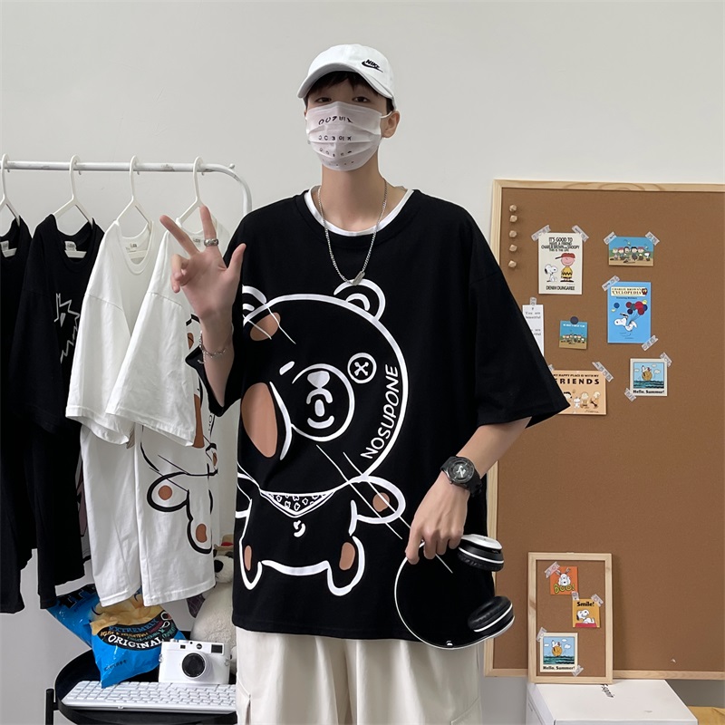 夏季新款港風短袖恤男潮流韓版百搭情侶卡通印花寬鬆半袖