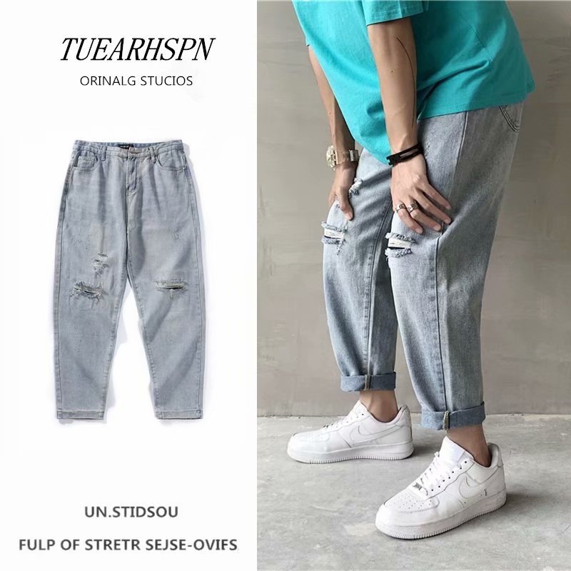 New 2021 pierced jeans men's Korean ins trend loose Capris thin straight pants men's