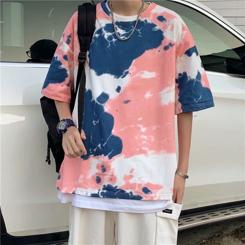 Pure cotton summer Hong Kong tie dyed 5-sleeve t-shirt men's fashion couple's loose half sleeve round neck short sleeve