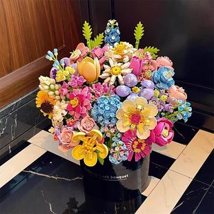2026新款积木花朵益智拼装玩具永生花玫瑰花抱抱桶高颜值女生礼物