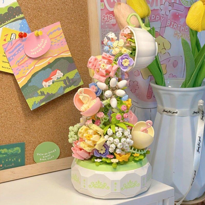 2026新款森宝花颜茶语八音盒积木瀑布花束玫瑰音乐盒拼装玩具女孩