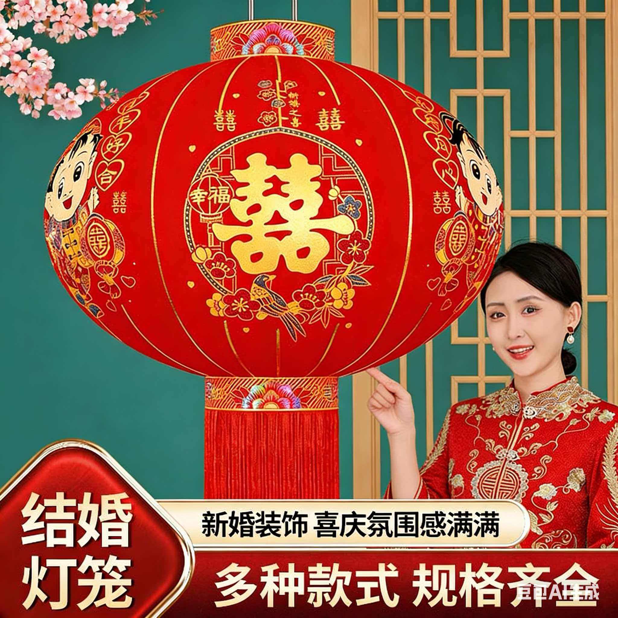 结婚喜字大红灯笼大门口一对2026新款植绒布宫灯阳台户外院子装饰