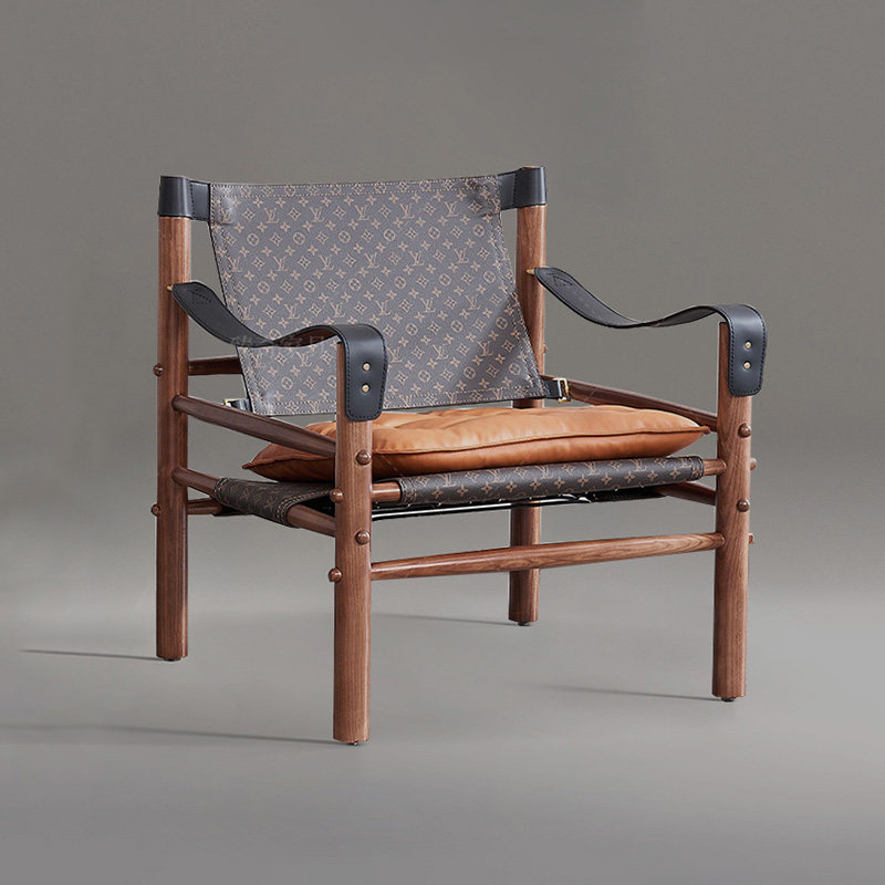 狩猎椅中古风设计师复古实木单人沙发椅客厅阳台休闲椅马鞍皮单椅