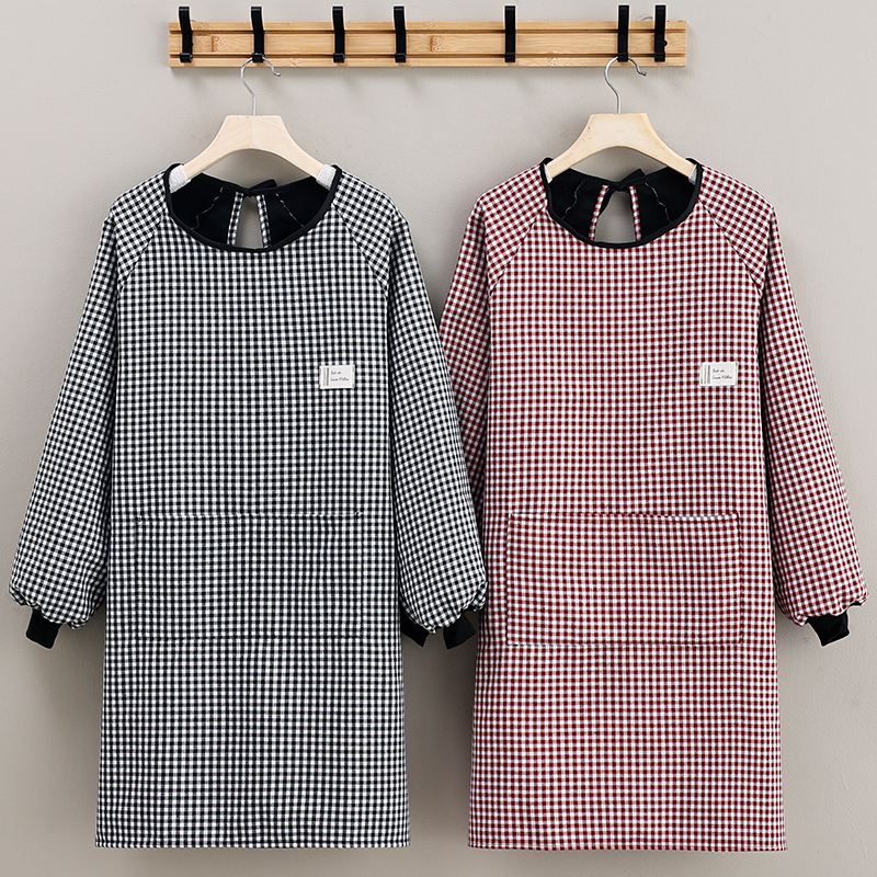 反穿加绒冬季棉格子男女围裙家用厨房防污耐脏透气罩衣上班工作服