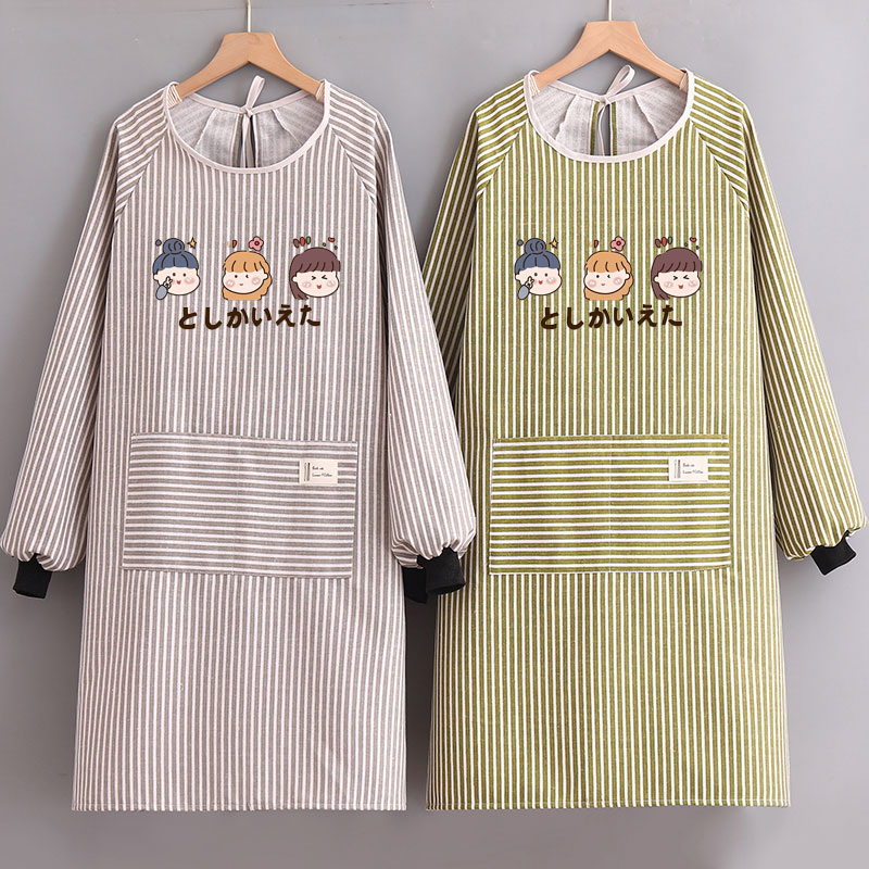 长袖卡通时尚棉麻围裙家用厨房餐饮工作服男女防油污上班罩衣印字