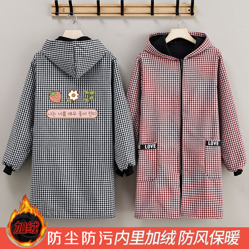 新款棉布格子罩衣加绒围裙男女家用厨房工作服防尘防油污耐脏罩衣