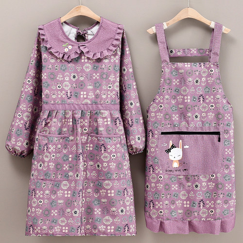 2024时尚可爱娃娃领帆布围裙长袖罩衣防污耐脏工作服家用做饭餐饮