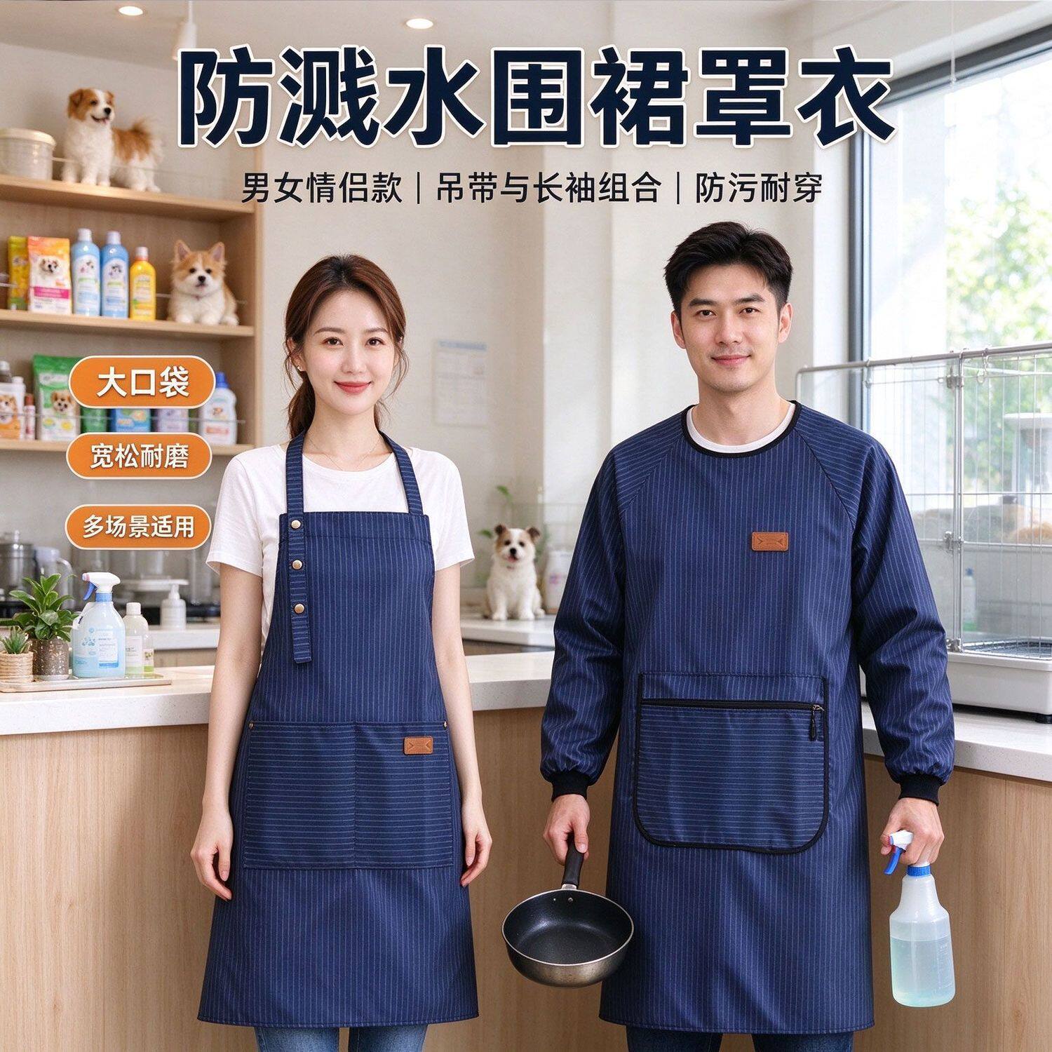 成人男女条纹防溅水长袖围裙餐饮后厨工装奶茶咖啡店防污耐脏罩衣