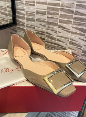 2025春夏新品 chips大象灰漆皮rv方扣中空单鞋女 平底方头凉鞋女