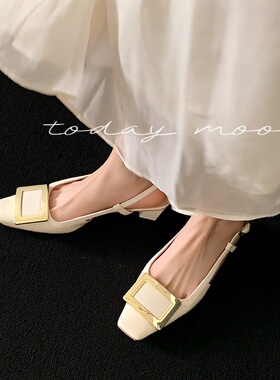 职业通勤~RV金属方扣一字扣带粗跟凉鞋女夏季新款真皮方头高跟鞋