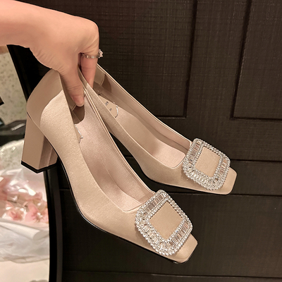 RV水钻方扣高跟方头单鞋女婚鞋