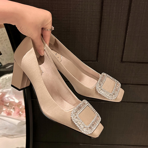 RV水钻方扣高跟方头单鞋女婚鞋