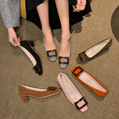 Royeer 方头浅口粗跟通勤女单鞋 Viuoar新款 RV贝母玳瑁方扣高跟鞋