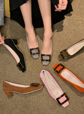 Royeer Viuoar新款RV贝母玳瑁方扣高跟鞋方头浅口粗跟通勤女单鞋