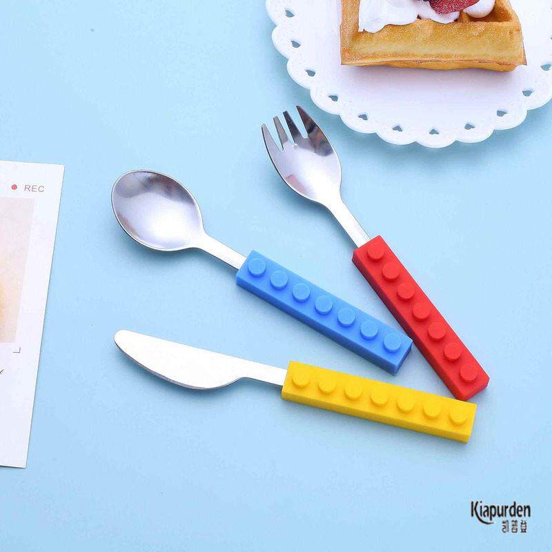 新款DIY手柄自由叠加意面儿童硅胶手柄西餐不锈钢积木刀叉勺套装$