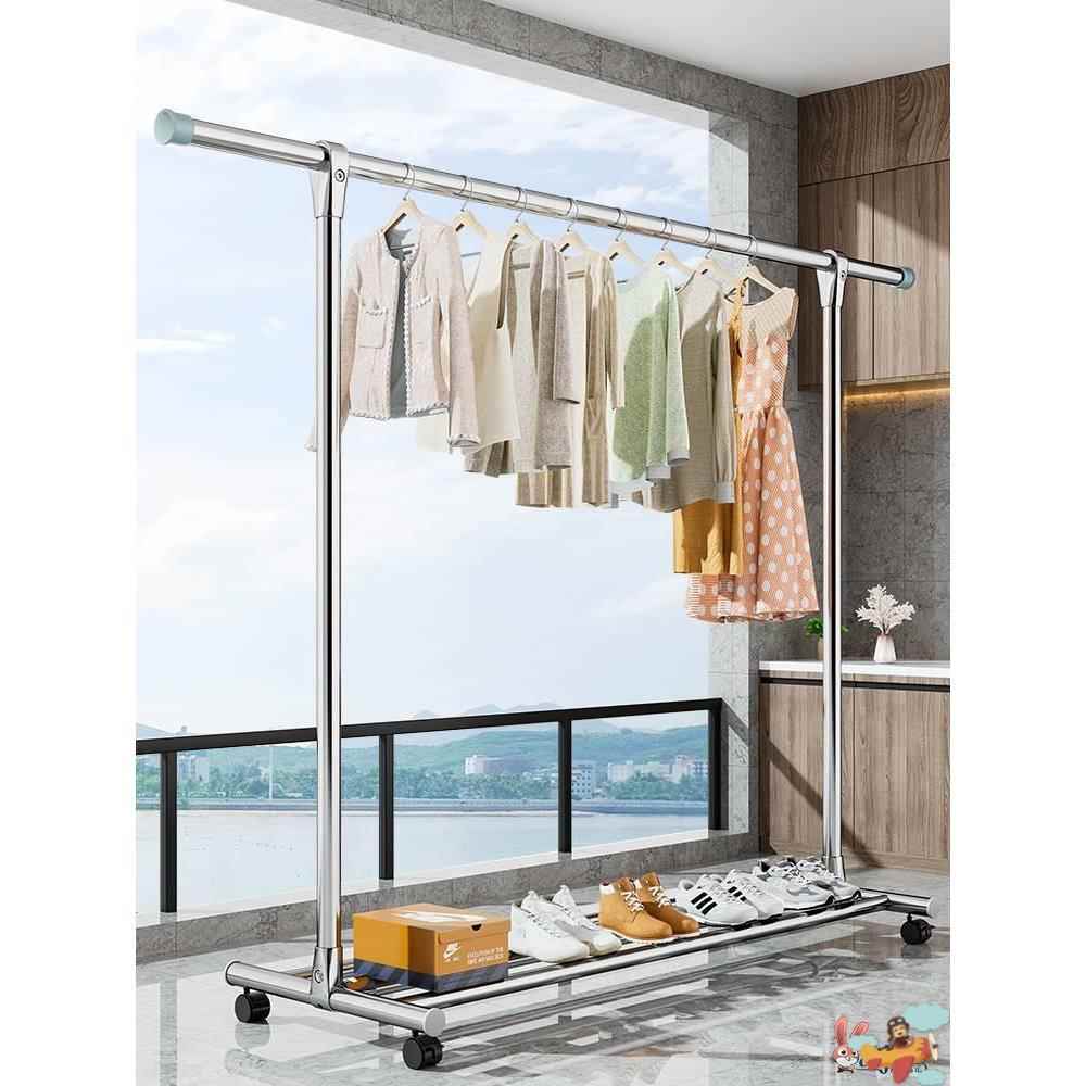 SUS304不锈钢晾衣架调节晒被架子阳台落地移动挂衣架上下加厚单杆