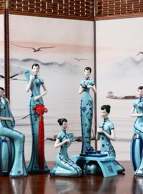 中国风旗袍仕女新中式高端装饰品艺术家居玄关酒柜博古架客厅摆件