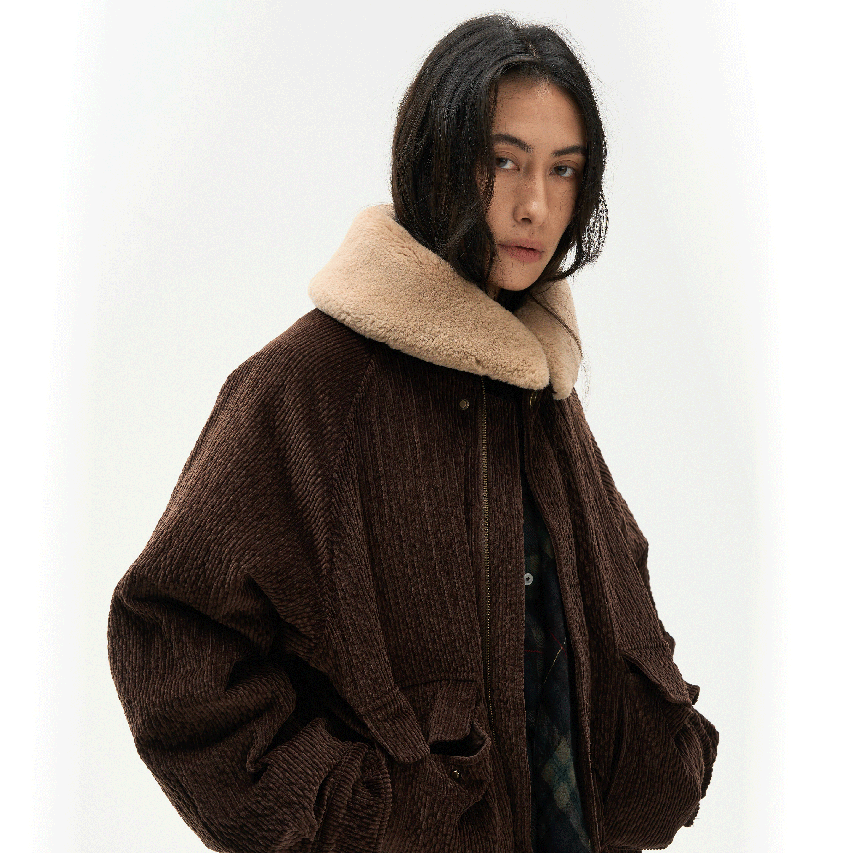 复古深棕色灯芯绒棉衣夹克