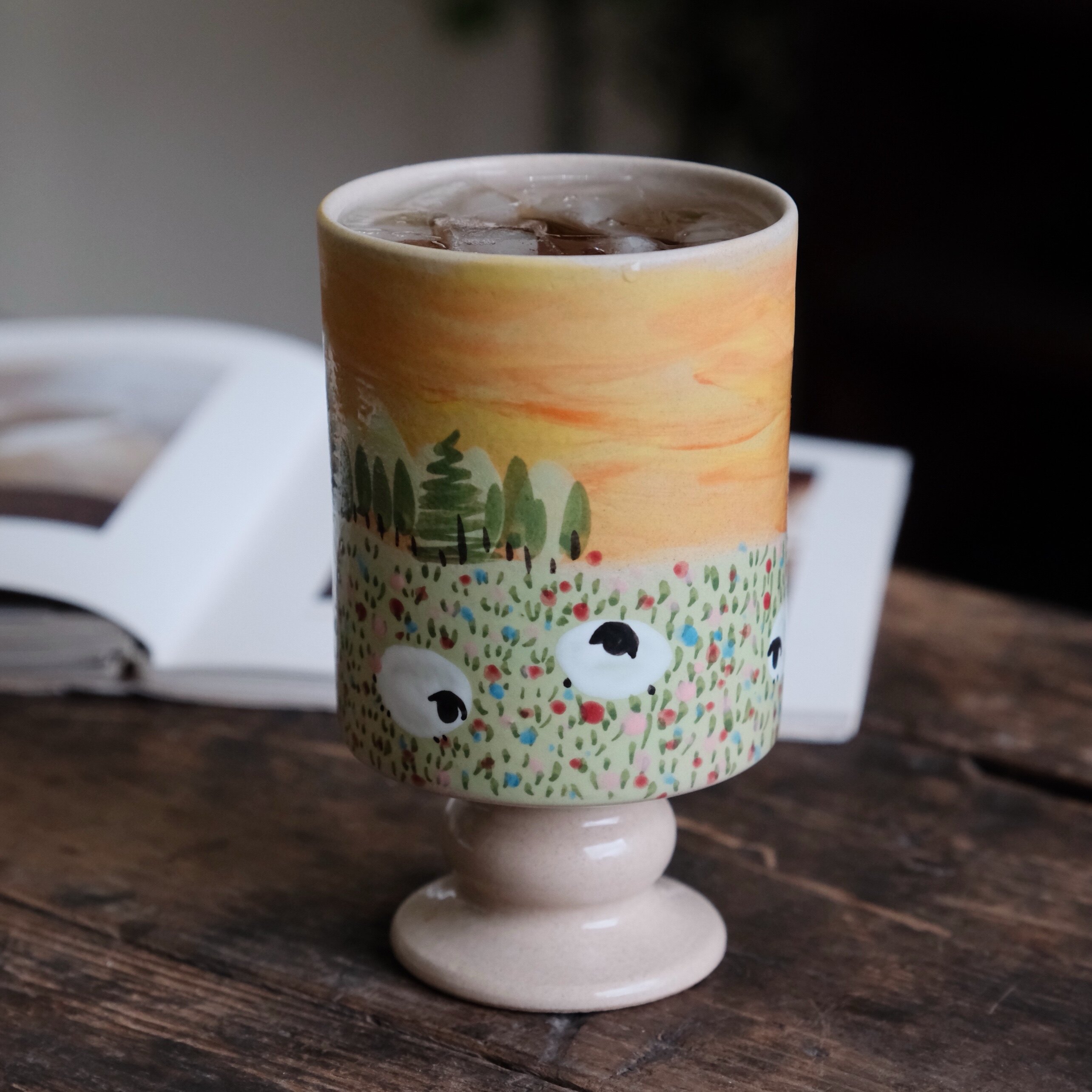 春辰落日小羊高脚杯景德镇手作陶瓷咖啡杯美式冰拿铁满绘治愈风景