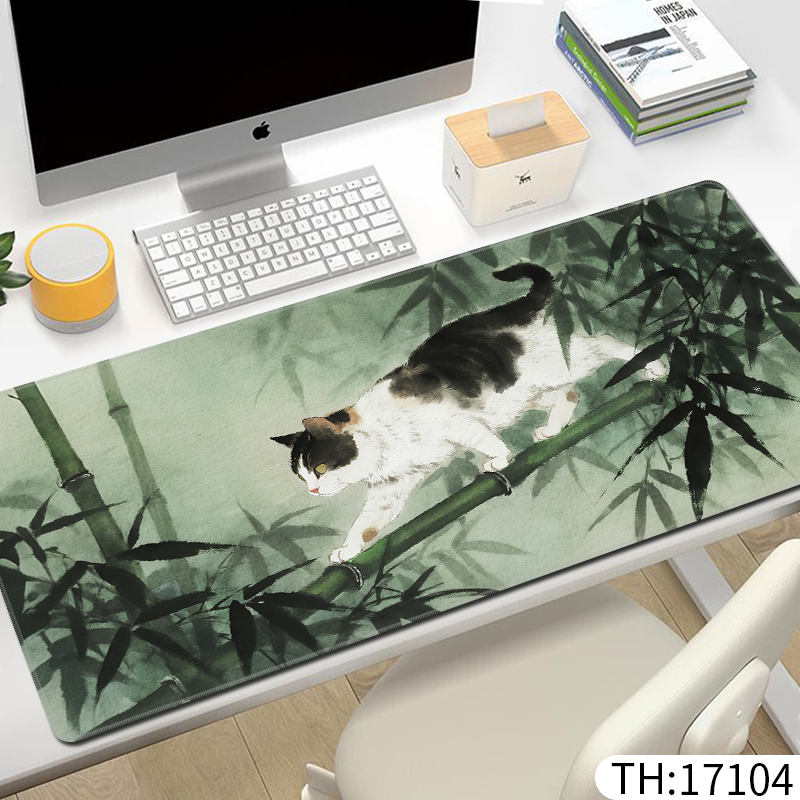 猫咪鼠标垫超大锁边办公室桌垫国风水墨高颜值鼠标垫子轻奢高级感