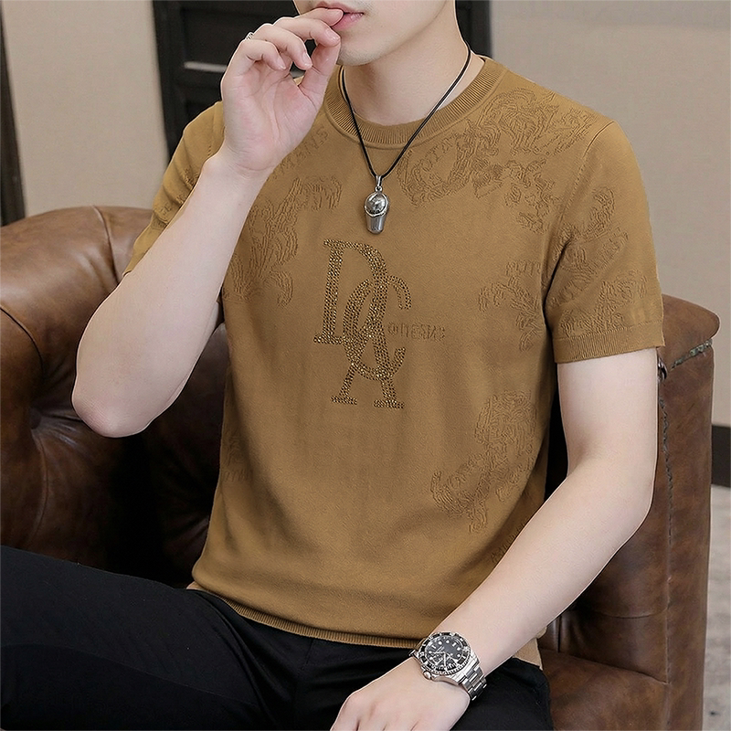 2026新款男士短袖T恤夏季字母烫钻圆领休闲百搭针织衫短袖男款