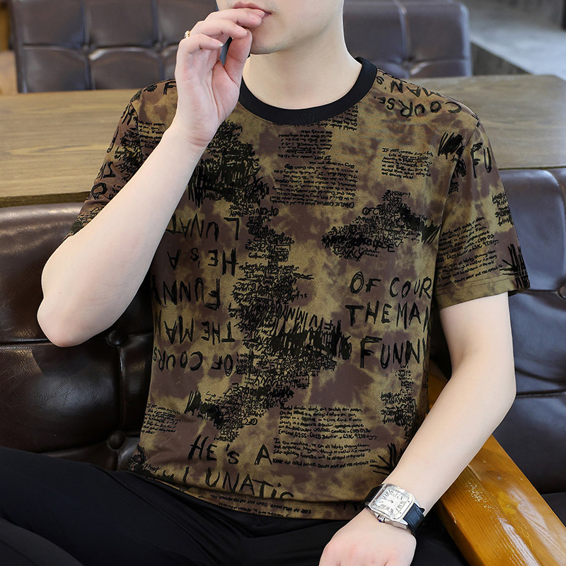 2026新款男士短袖T恤夏季字母迷彩圆领休闲百搭针织衫短袖男款