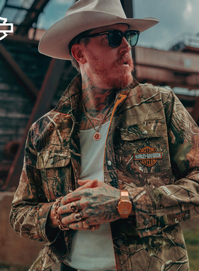 哈雷戴维森 X Realtree 男士迷彩长袖工装衬衫 树叶印花伪装上衣