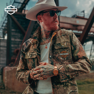 哈雷戴维森 X Realtree 男士迷彩长袖工装衬衫 树叶印花伪装上衣