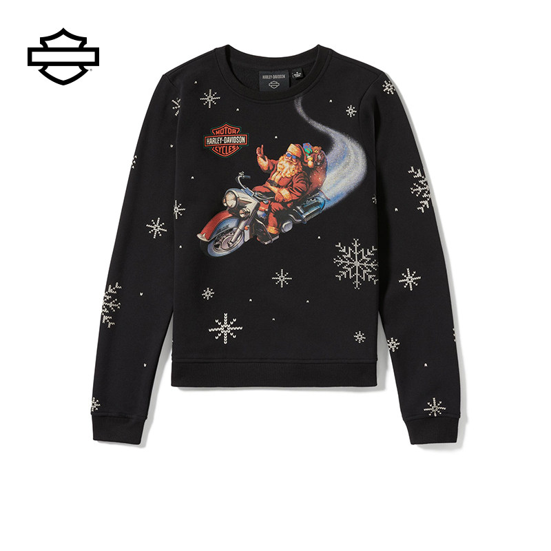 哈雷戴维森 女士圆领卫衣圣诞老人骑行节日风抓绒舒适上衣
