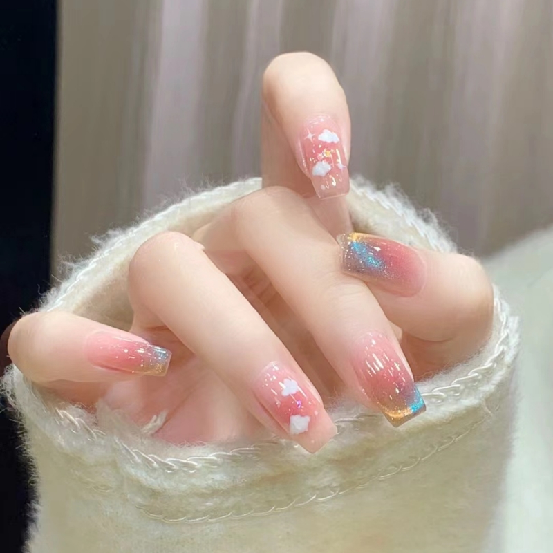 手工美甲 小清新双色猫眼 手绘云朵 可爱显白穿戴甲 指甲贴片