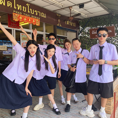 泰国泰式校服短袖衬衫女jk制服学院风高中学生运动会毕业班服套装
