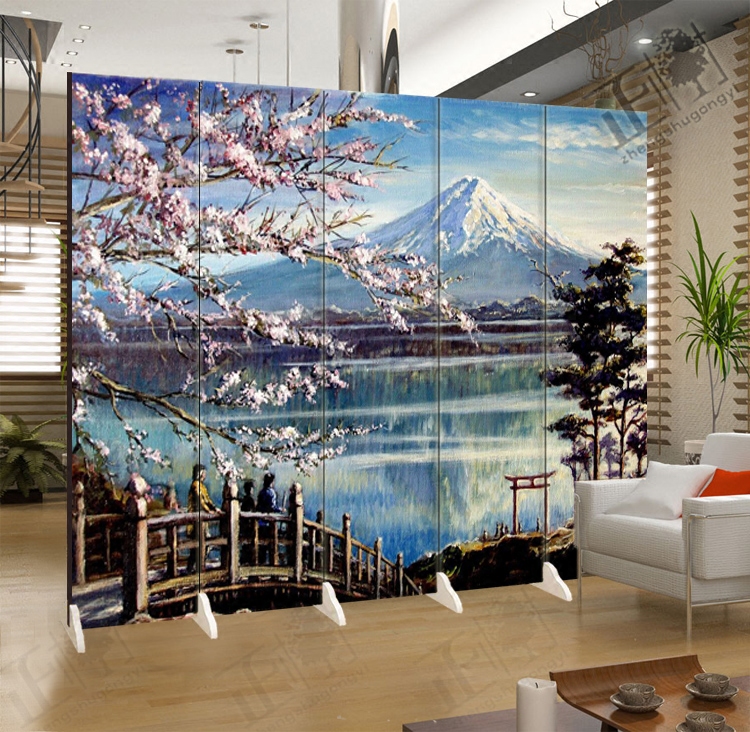 日本富士山油画折叠屏风隔断客厅时尚玄关门美食料理酒吧双面装饰图片