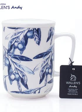 WALLEN ANDY橄榄骨瓷杯小清新高温水杯 带盖咖啡杯办公室大容量杯