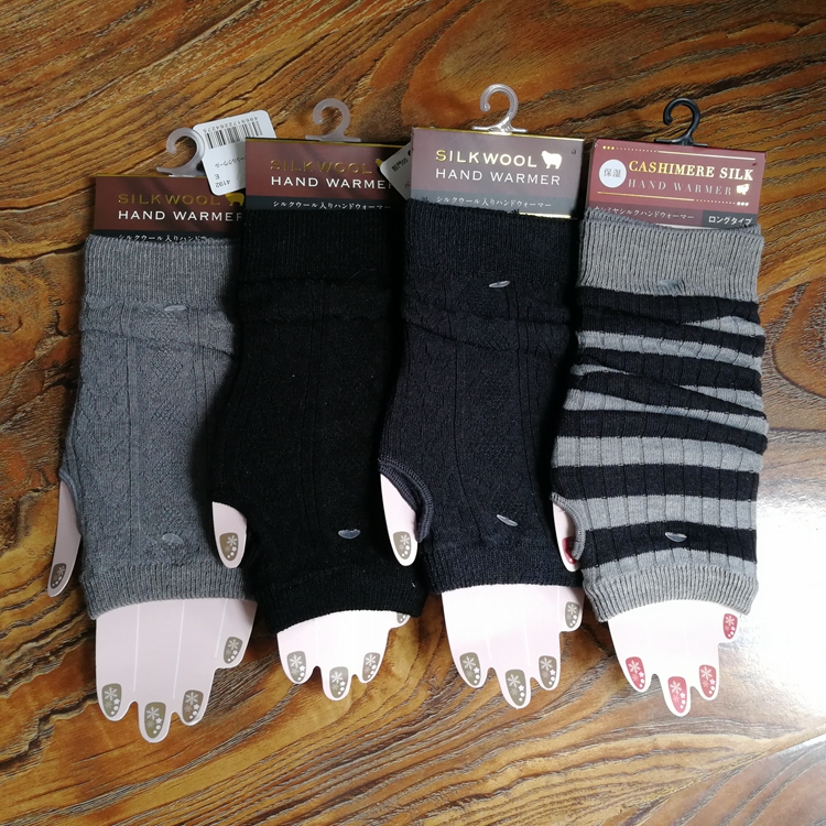 春秋女士半指手套外贸日单薄款露指手套羊绒混条纹纯色保湿保暖