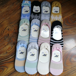 外贸日单春夏女袜浅口隐形袜带防滑硅胶袜子甜美纯色条纹女生船袜