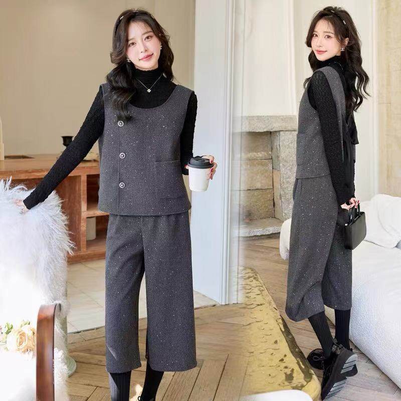 时尚套装女2025春新款后背蝴蝶结毛呢马甲套装七分阔腿裤三件套裤,女装/女士精品,时尚套装,淘宝优惠券,粉丝福利购,淘宝优惠卷