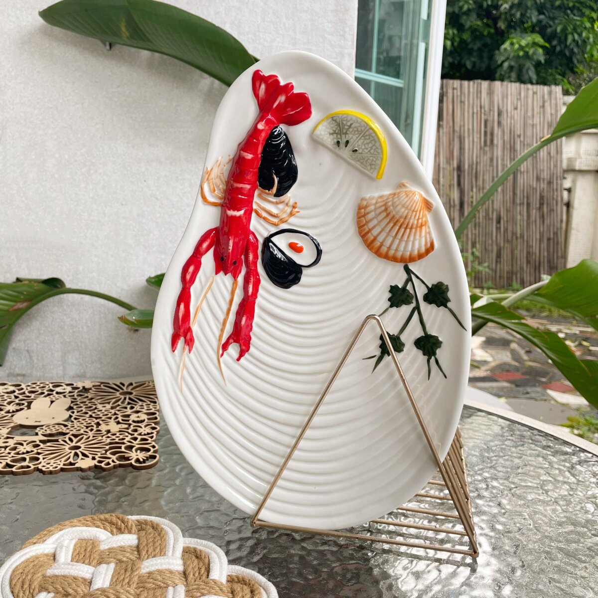 JW 瑕疵特惠 出口尾单立体浮雕龙虾海鲜陶瓷盘高级感牛排盘装饰盘