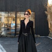 拉链收腰显瘦连衣裙 秋季 女装 赫本风黑色气质设计感时尚 实拍大码