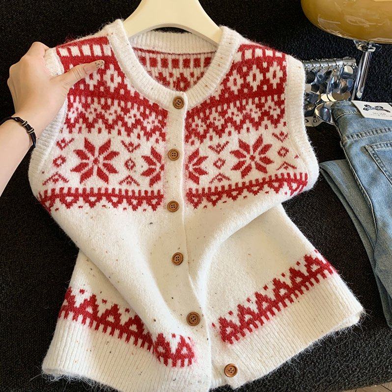 实拍秋冬新款枫叶马甲时尚个性设计感圆领提花开衫毛针织衫女上衣