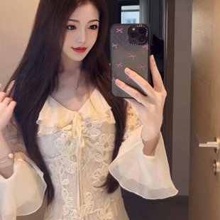 鱼尾裙子 高级感温柔风法式 韩系气质蕾丝荷叶边长袖 连衣裙女秋冬季