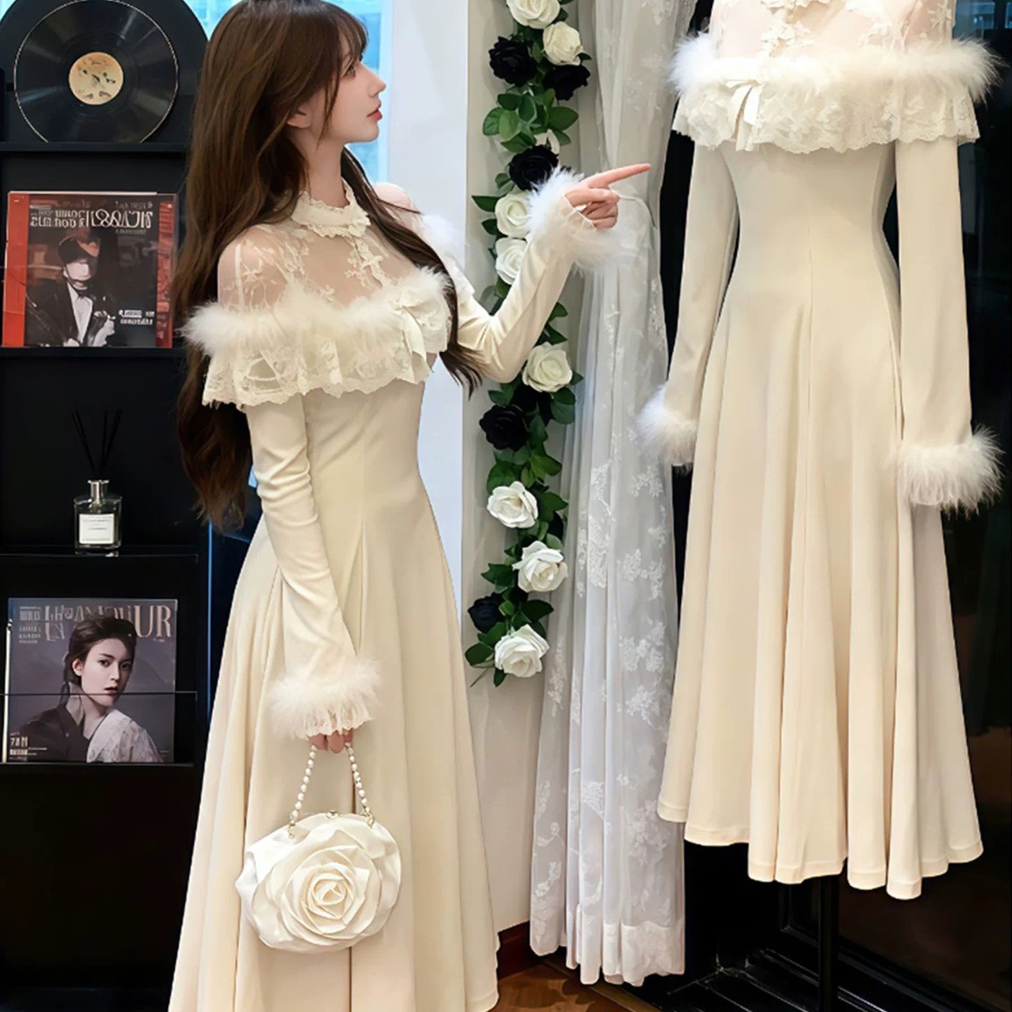 法式千金毛毛领长袖针织连衣裙女秋冬内搭收腰生日礼服绝美长裙子