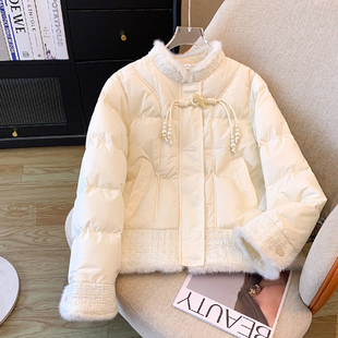 实拍新中式盘扣羽绒服冬季2024新款保暖棉服立领水貂毛上衣短外套