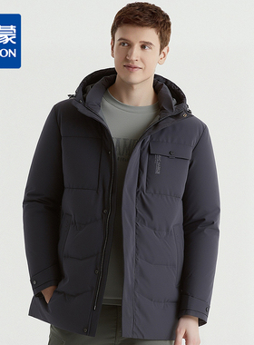 【90鸭绒】罗蒙冬季连帽羽绒服男士抗寒保暖休闲中长款加厚羽绒外