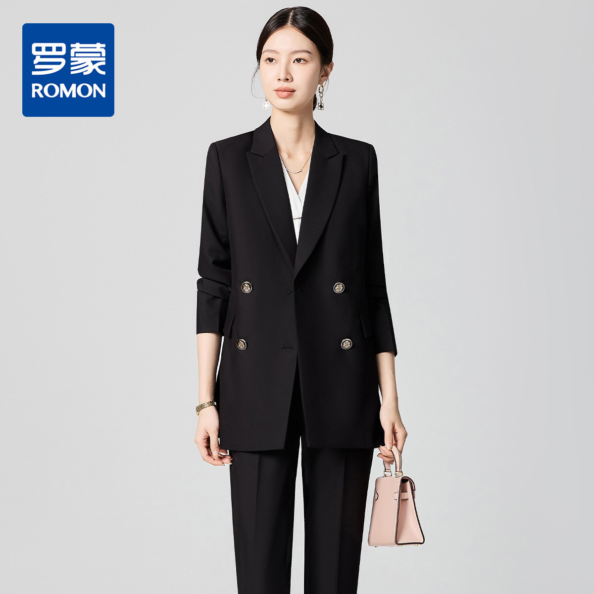 【上衣+裤子】罗蒙双排扣西服套装商务时尚通勤工作气质两件套女图片