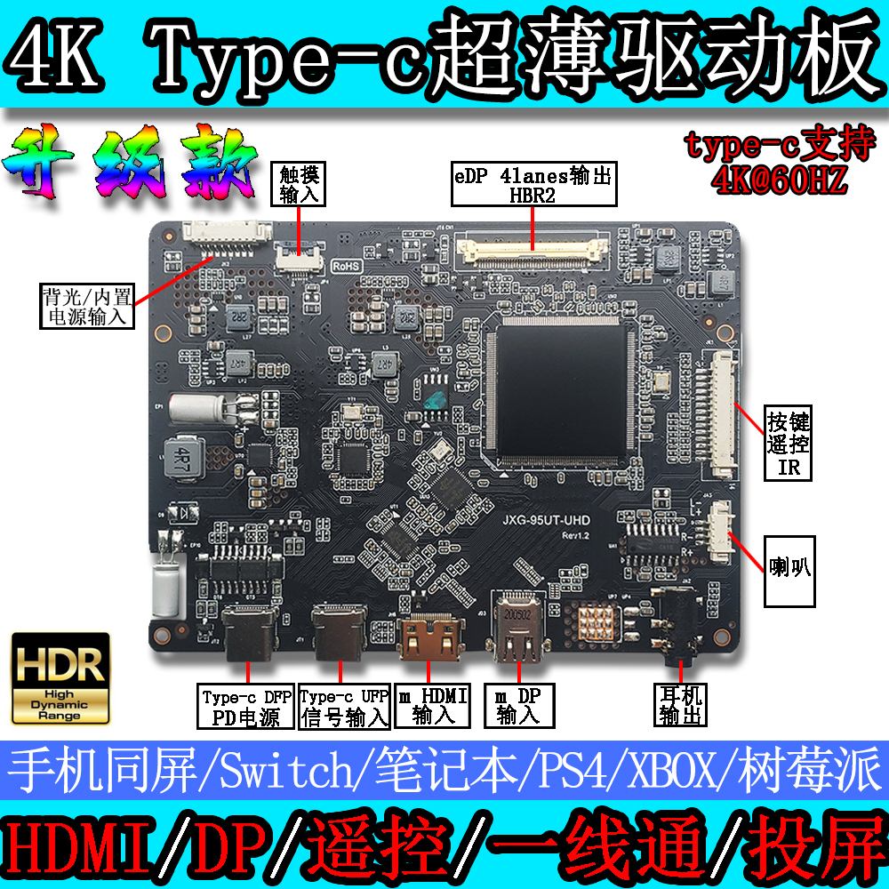 4K驱动板type-c一线通无线投屏DIY便携显示器120HZ 144HZ触摸HDR-封面